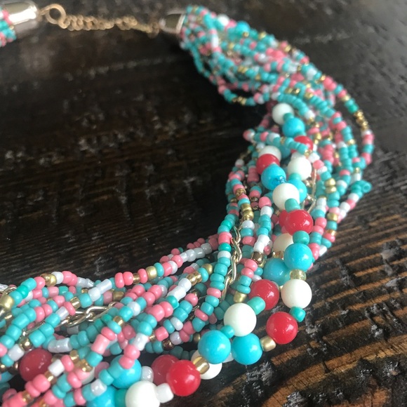 SEED BEAD Multi Strand Statement Necklace Teal Red White Coral NEW! 497A1 - Picture 9 of 9